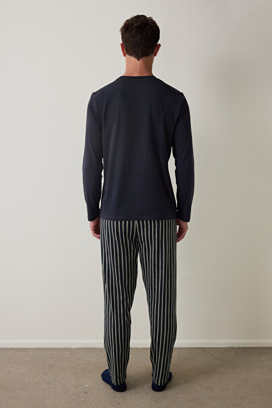 Çizgili Night Erkek Bisiklet Yaka Uzun Kollu Pijama Takımı - 5
