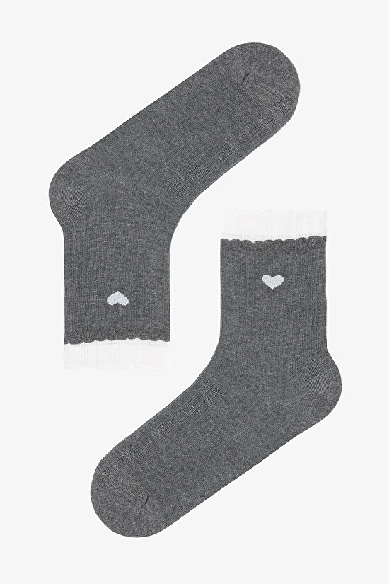 3 Çift Pamuklu Kalp Desenli Fırfırlı Soket Çorap - 4