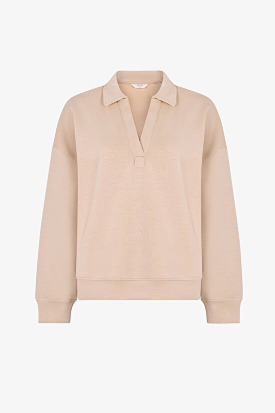 Pastel Bej Polo Yaka Modal Sweatshirt - 1