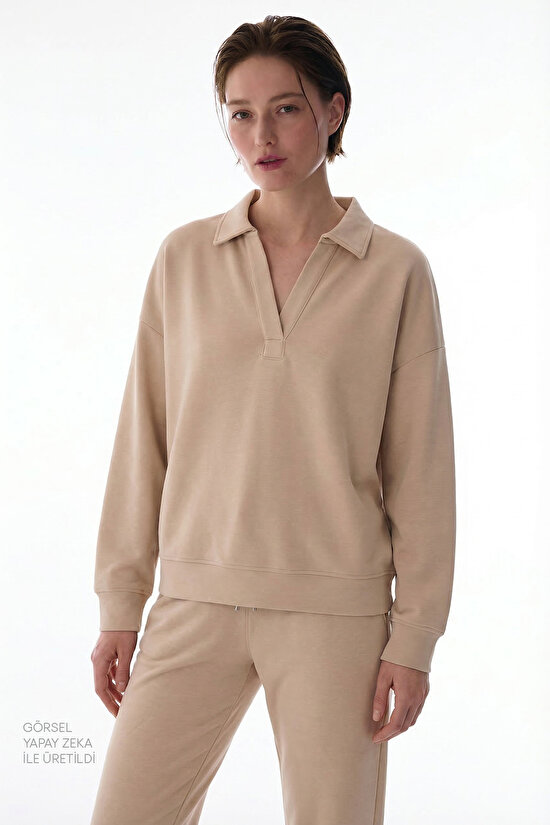 Beige Polo Neck Modal Sweatshirt - 2