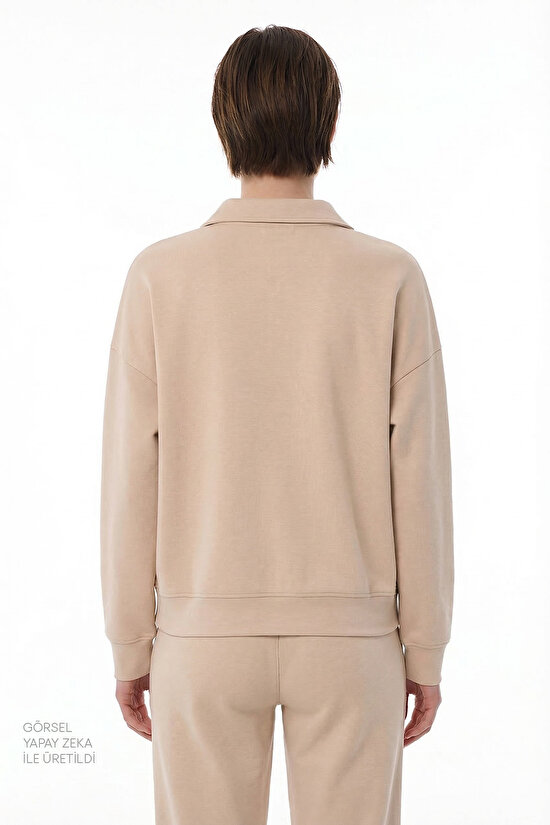 Beige Polo Neck Modal Sweatshirt - 3