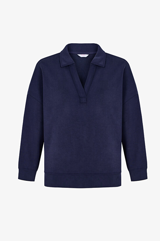 Navy Polo Neck Modal Sweatshirt - 6