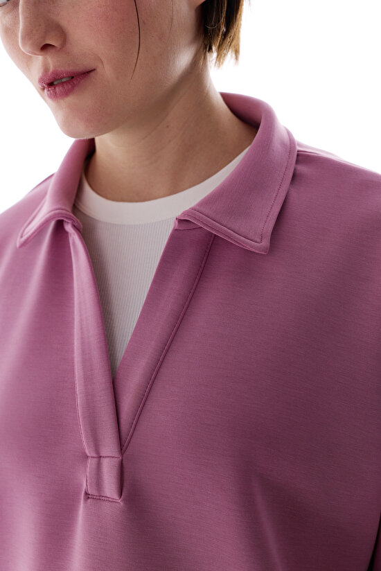 Rose Pink Polo Neck Modal Sweatshirt - 4