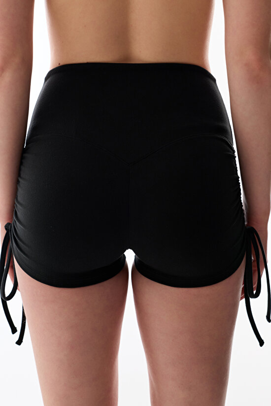 Black Ruched and Bow Detail High-Waisted Shorts - 5