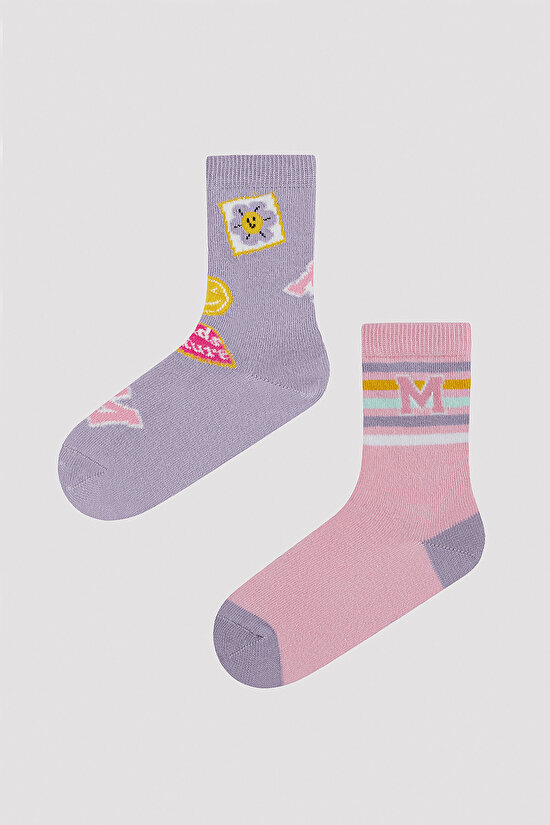 Kız Çocuk Kolej Desenli 2 li Soket Çorap - 1