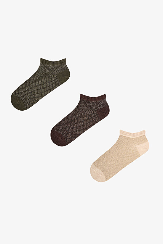 Kahve Siyah Parlak Pattern Pamuklu Simli 3 Çift Patik Çorap - 1