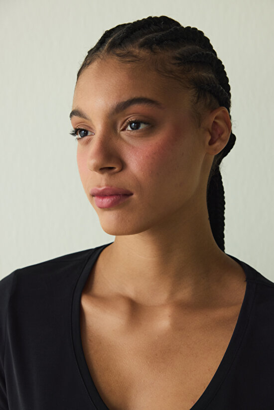 Black V Neck Modal Short Sleeve T-Shirt - 3