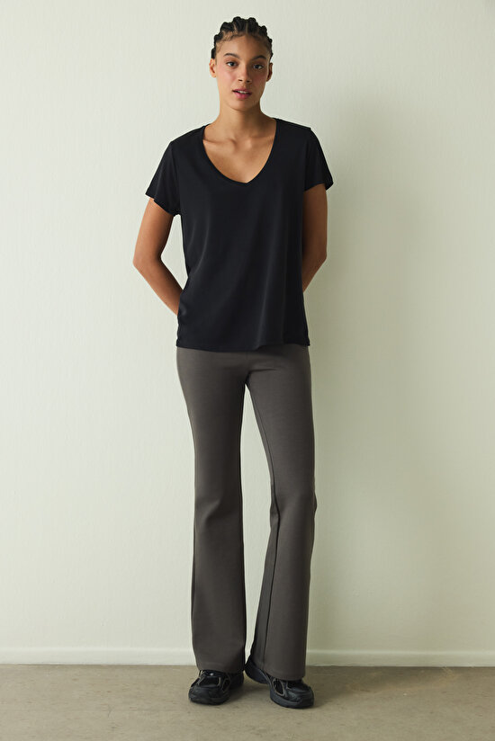 Black V Neck Modal Short Sleeve T-Shirt - 5