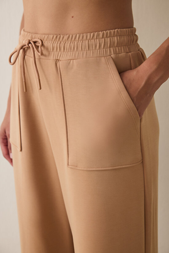 Light Brown Modal Straight Leg High Waist Front Pocket Pants - 5