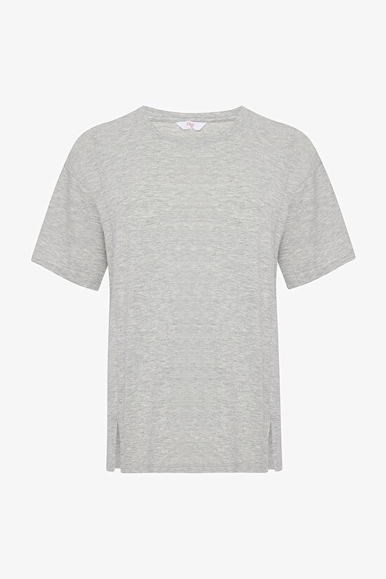 Gri Bisiklet Yaka Dikiş Detaylı Tişört - 7