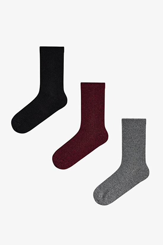 Black Burgundy Grey Dream Gleam Cotton Glitter 3 Pack Ankle Socks - 1
