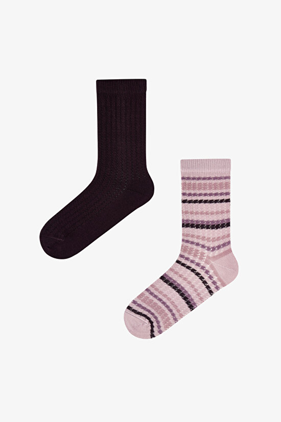 Rose Vintage Lines Striped Cotton Jacquard 2 Pack Ankle Socks - 1