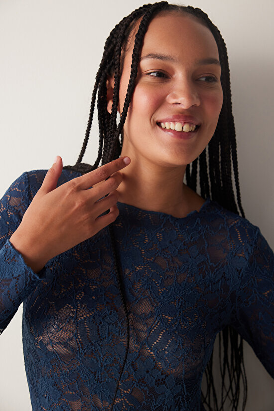 Lacivert Uzun Kollu Dantel Üst - 3