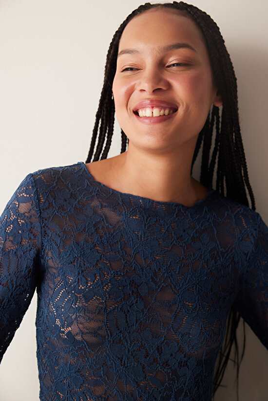 Lacivert Uzun Kollu Dantel Üst - 4