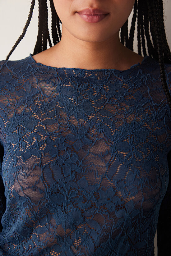 Lacivert Uzun Kollu Dantel Üst - 5