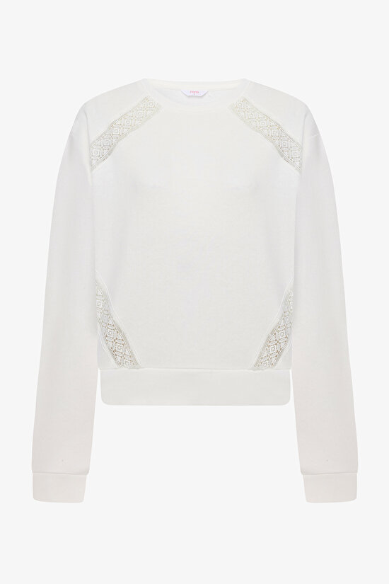 Beyaz Bisiklet Yaka Nakış Detaylı Sweatshirt - 6