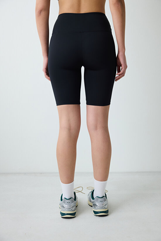 Siyah Smooth Feel Yüksek Bel Bisikletçi (Biker) Kısa Tayt - 3