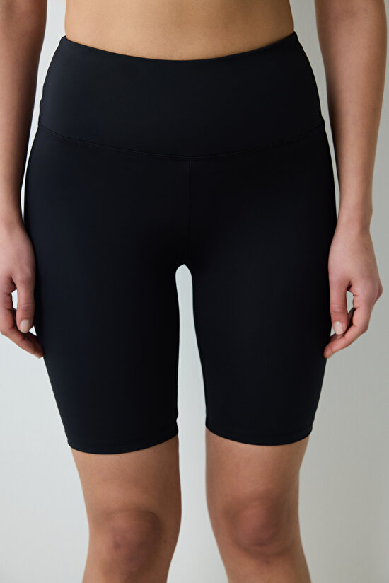 Siyah Smooth Feel Yüksek Bel Bisikletçi (Biker) Kısa Tayt - 4