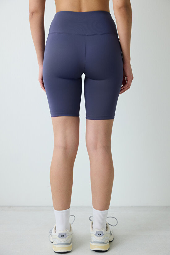 Koyu Indigo Smooth Feel Yüksek Bel Bisikletçi (Biker) Kısa Tayt - 3