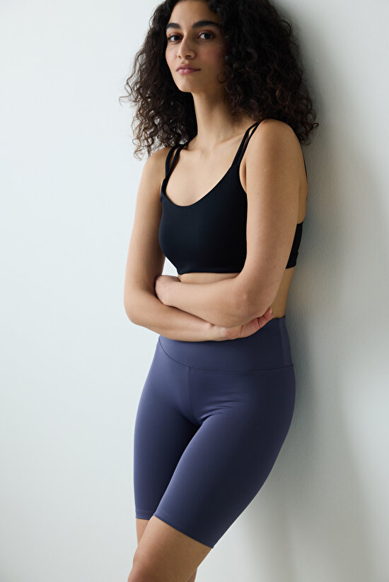 Koyu Indigo Smooth Feel Yüksek Bel Bisikletçi (Biker) Kısa Tayt - 4
