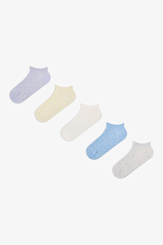 5 Çift Burun Dikişsiz Pamuklu Renkli Kendinden Desenli Patik Çorap - 1