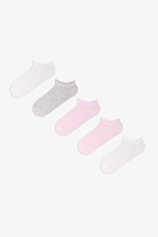 5 Çift Burun Dikişsiz Pamuklu Renkli Simli Çizgi Desenli Patik Çorap - 1