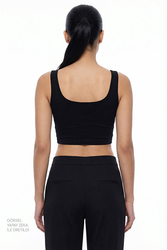 Siyah Seamless Dikişsiz Kare Yaka Crop Üst - 3