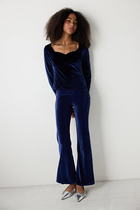 Lacivert Yüksek Bel Kadife Flare (İspanyol Paça) Pantolon - 3