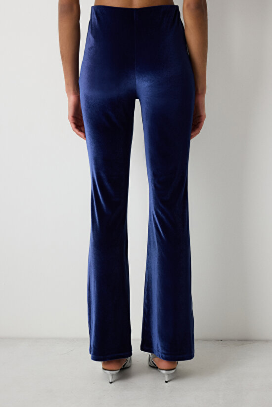 Lacivert Yüksek Bel Kadife Flare (İspanyol Paça) Pantolon - 4
