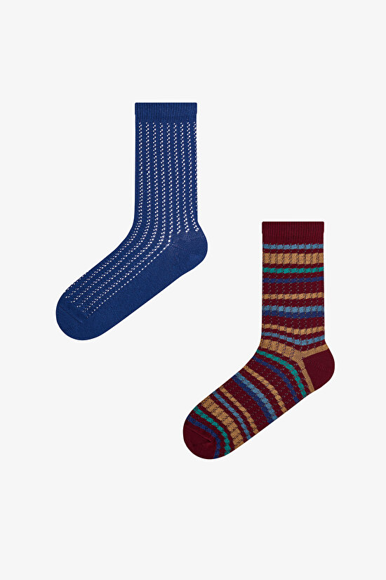 Burgundy Navy Vintage Lines Striped Cotton 2 Pack Ankle Socks - 1