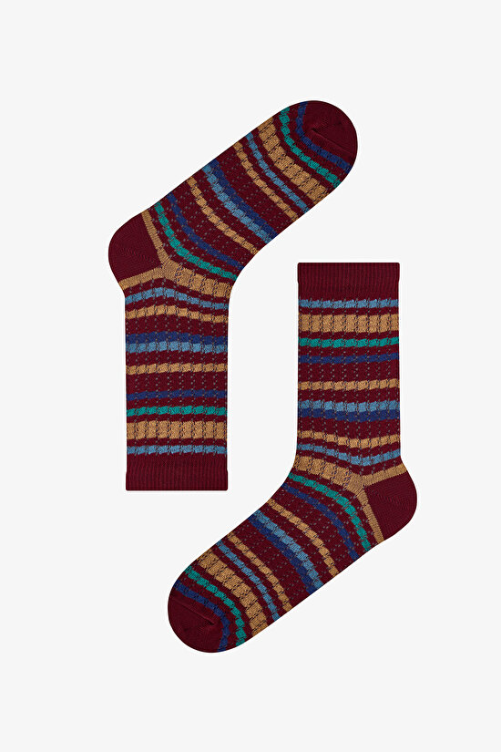 Burgundy Navy Vintage Lines Striped Cotton 2 Pack Ankle Socks - 3