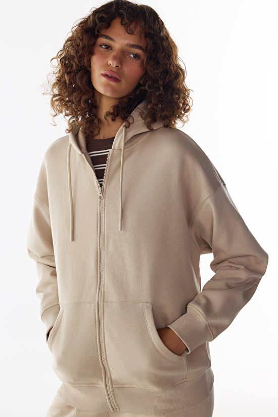 Bej Şardonlu Fermuarlı Kapüşonlu Sweatshirt - 1