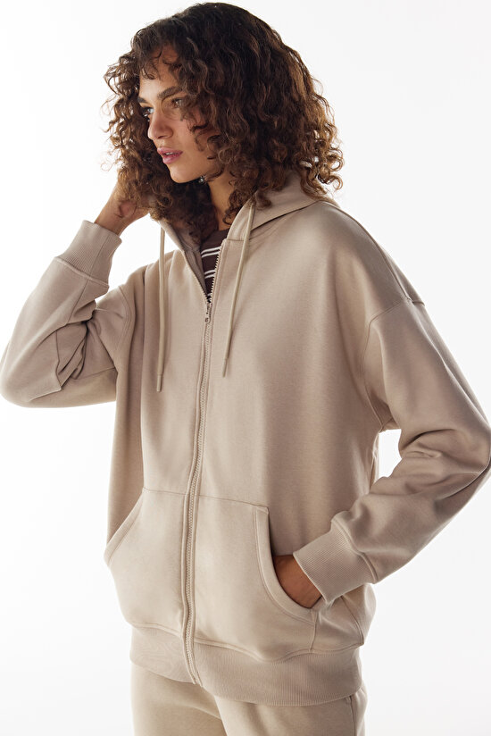 Bej Şardonlu Fermuarlı Kapüşonlu Sweatshirt - 2