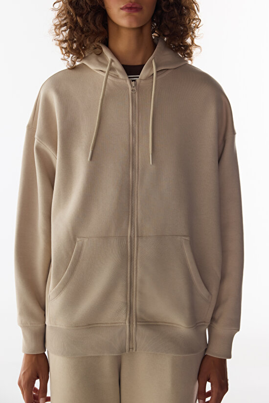 Bej Şardonlu Fermuarlı Kapüşonlu Sweatshirt - 3