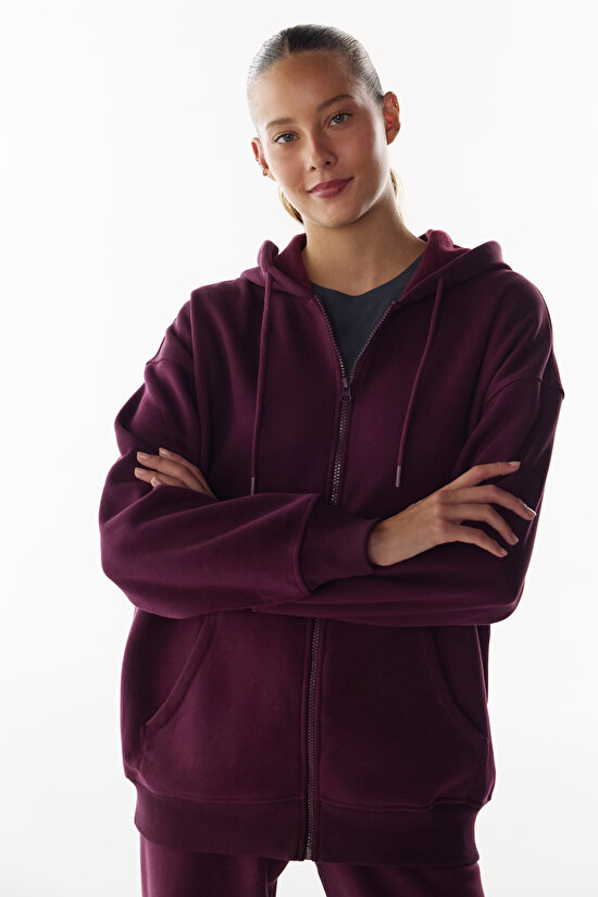 Bordo Full Fermuarlı Şardonlu Active Uzun Kollu Sweatshirt - 1