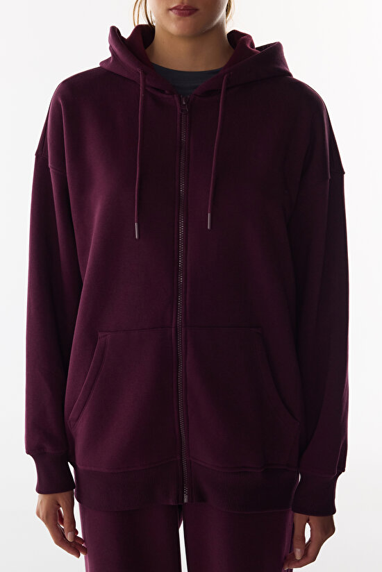 Bordo Full Fermuarlı Şardonlu Active Uzun Kollu Sweatshirt - 2