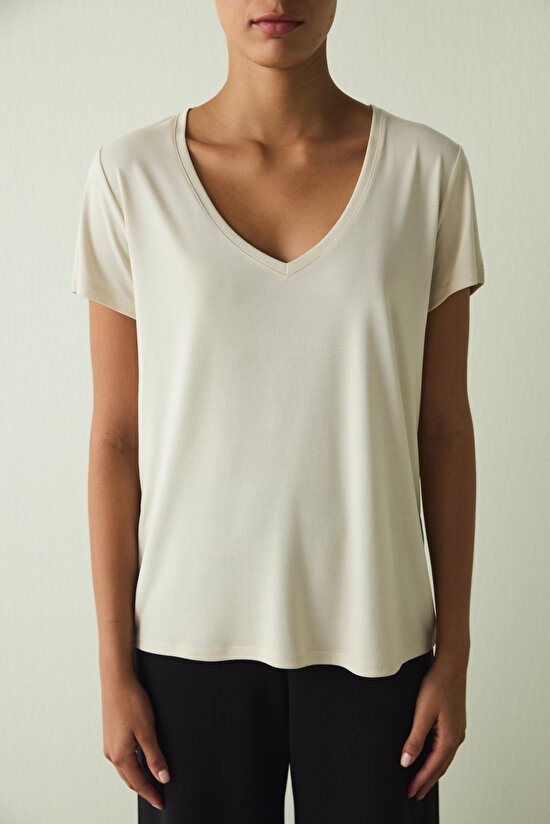 Beige V Neck Short Sleeve Modal T-Shirt - 3