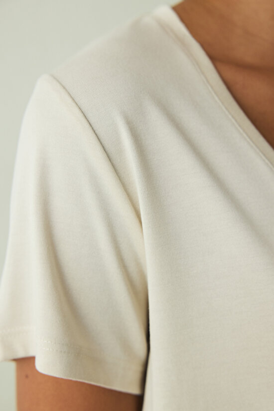 Beige V Neck Short Sleeve Modal T-Shirt - 4