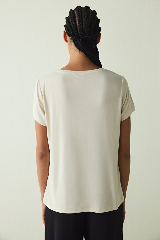 Beige V Neck Short Sleeve Modal T-Shirt - 5