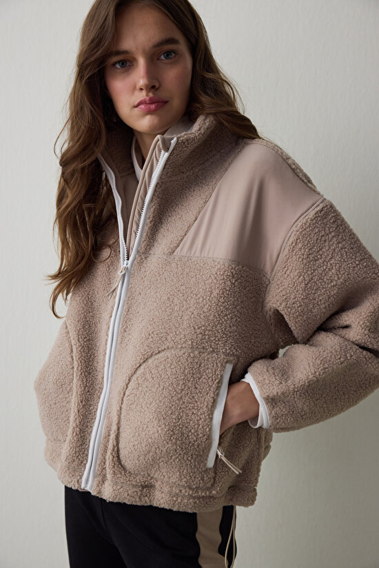 Beige Thermal Effect Zippered Polar Jacket - 1