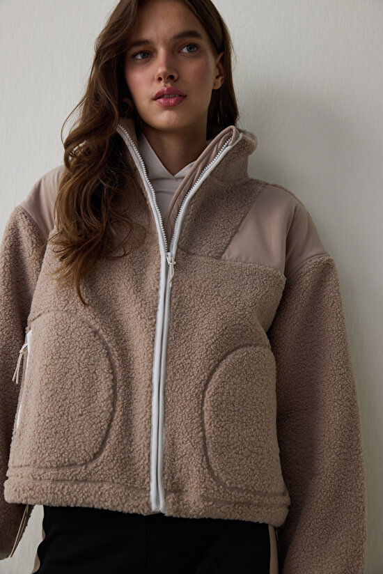 Beige Thermal Effect Zippered Polar Jacket - 2