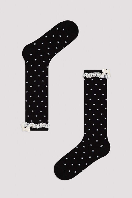 Siyah Kız Çocuk Puantiyeli Fırfırlı Pantolon Çorabı - 1