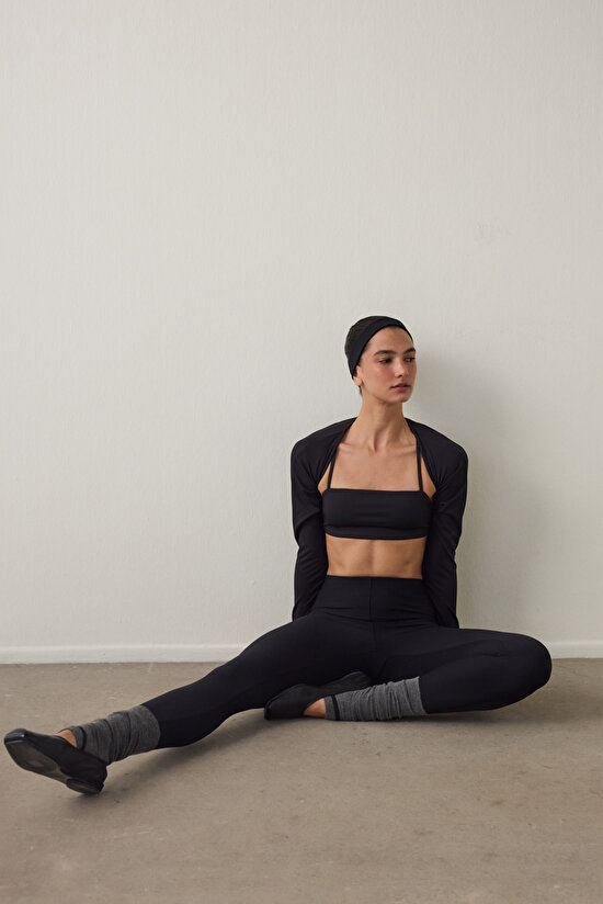 Siyah Yüksek Bel Toparlayıcı Cut Out Detaylı Fitilli Tayt - 4