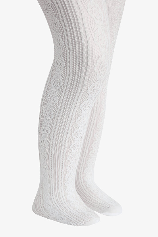 Kız Çocuk Beyaz Pretty Daisy File Külotlu Çorap - 3