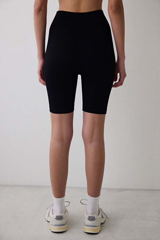 Siyah Yüksek Bel Dikişsiz Seamless Bisikletçi (Biker) Kısa Tayt - 3