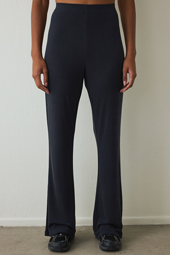 Black High Waist Ribbed Bell-bottom Leggings - 3