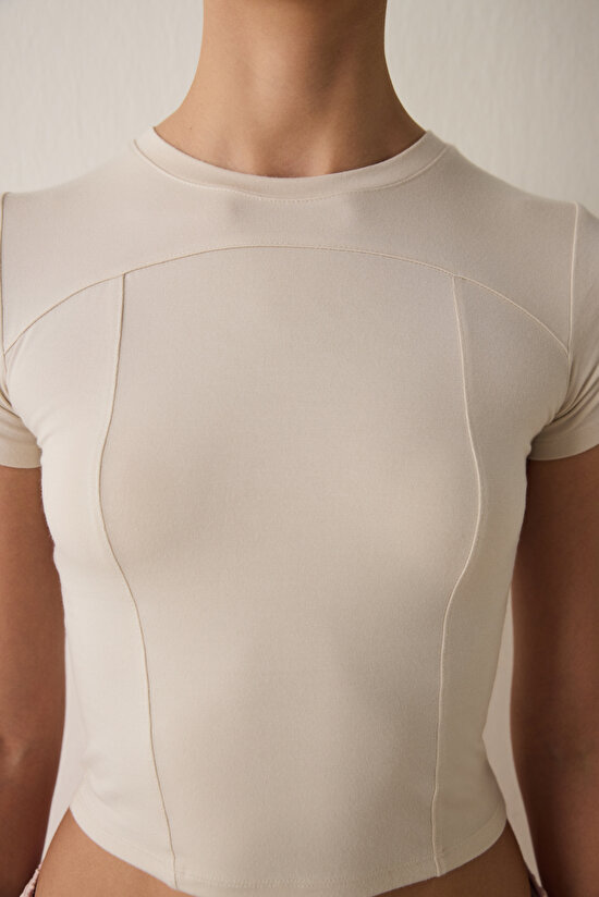 Beige Crew Neck Short Sleeve Slim Fit Modal T-Shirt - 3