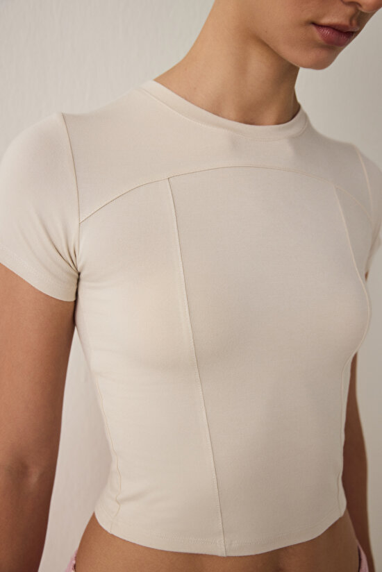 Beige Crew Neck Short Sleeve Slim Fit Modal T-Shirt - 4