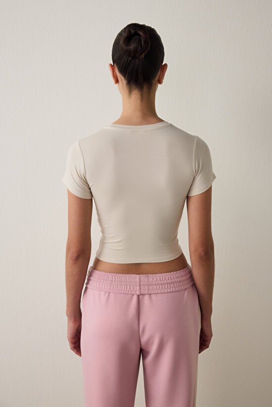 Beige Crew Neck Short Sleeve Slim Fit Modal T-Shirt - 6