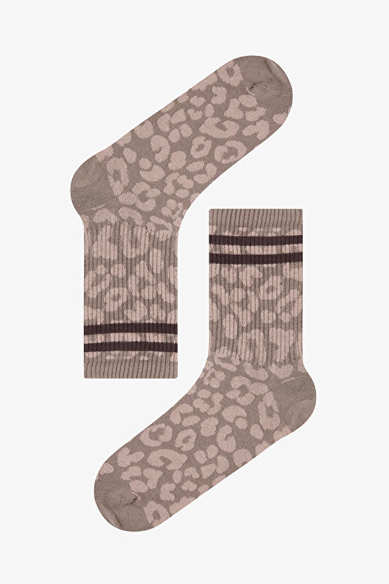 Leopard Shiny Stripe Beige 2in1 Socket Socks - 3